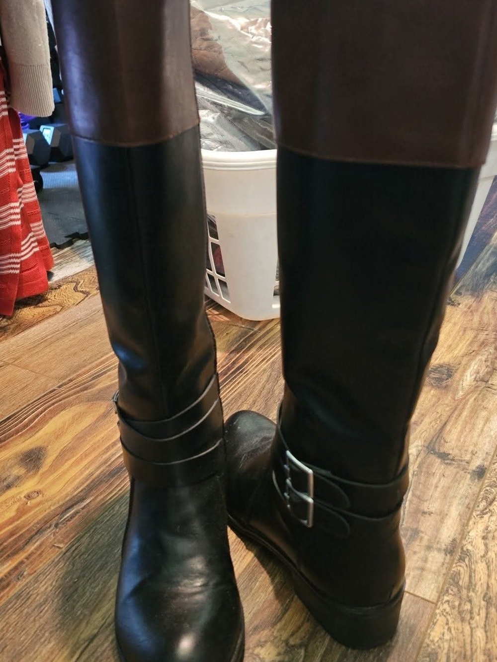 Tall Two-Tone Black and Brown Riding Boots with Buckle Detail